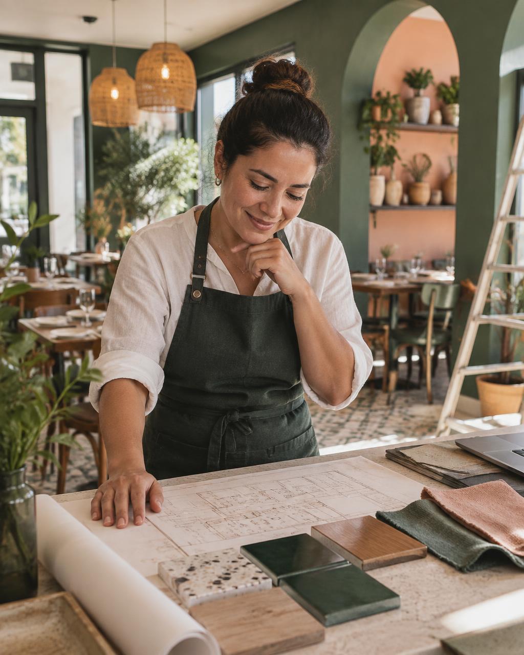 Dueña de restaurante preparando la identidad de su nuevo local