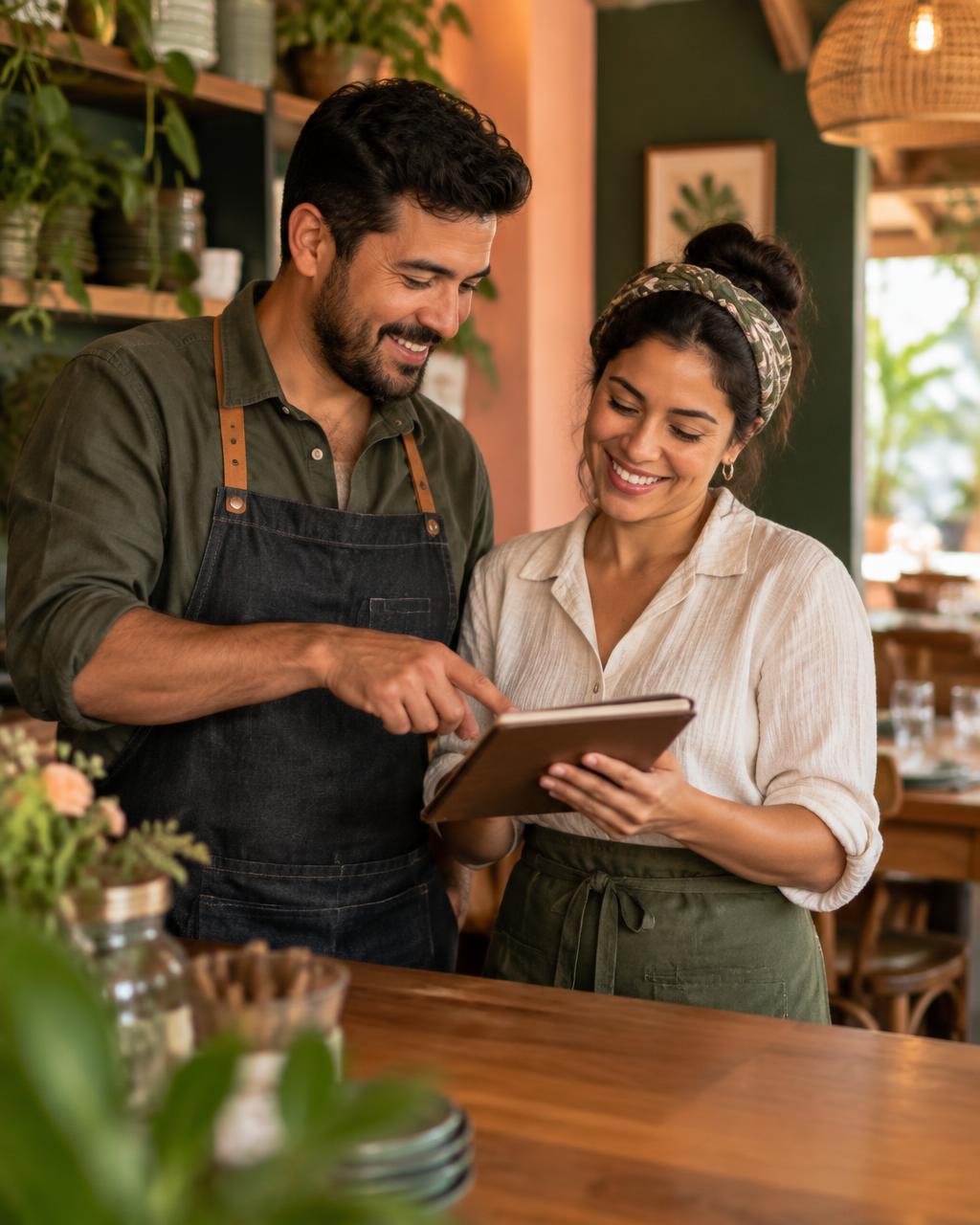 Pareja de dueños de restaurante revisando el menú en su local