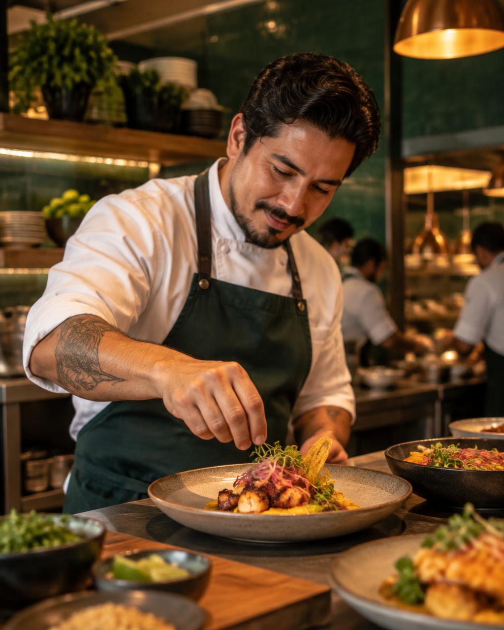 Chef terminando un plato en la cocina de su restaurante